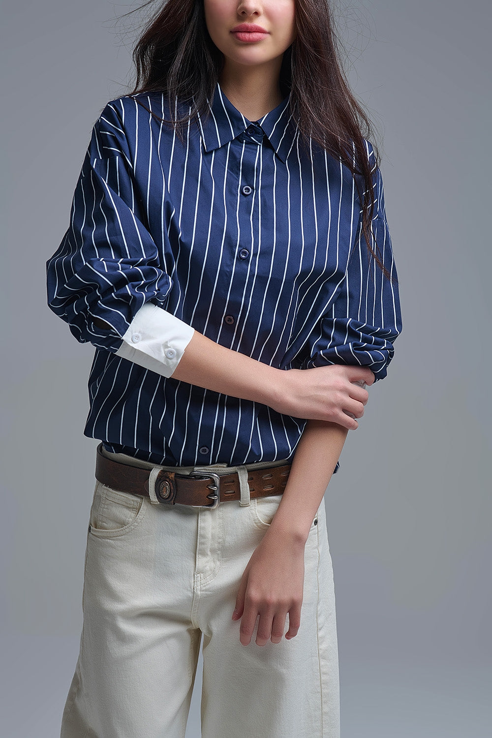 Navy Blue Striped High-Collar Shirt in soft poplin - Shirts