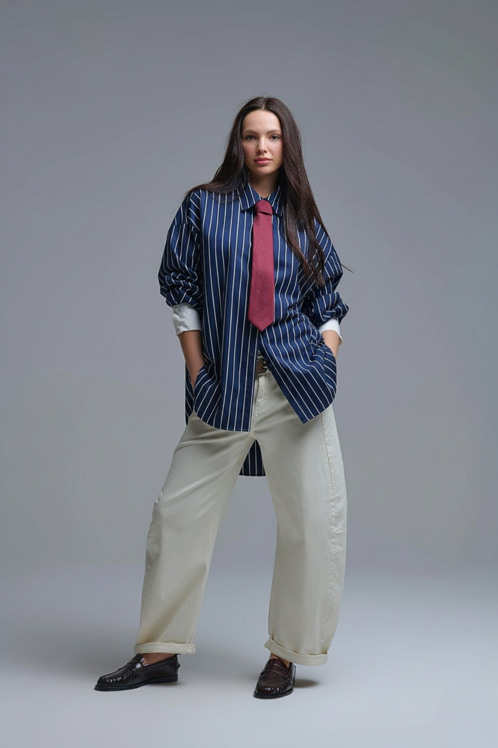 Navy Blue Striped High-Collar Shirt in soft poplin - Shirts
