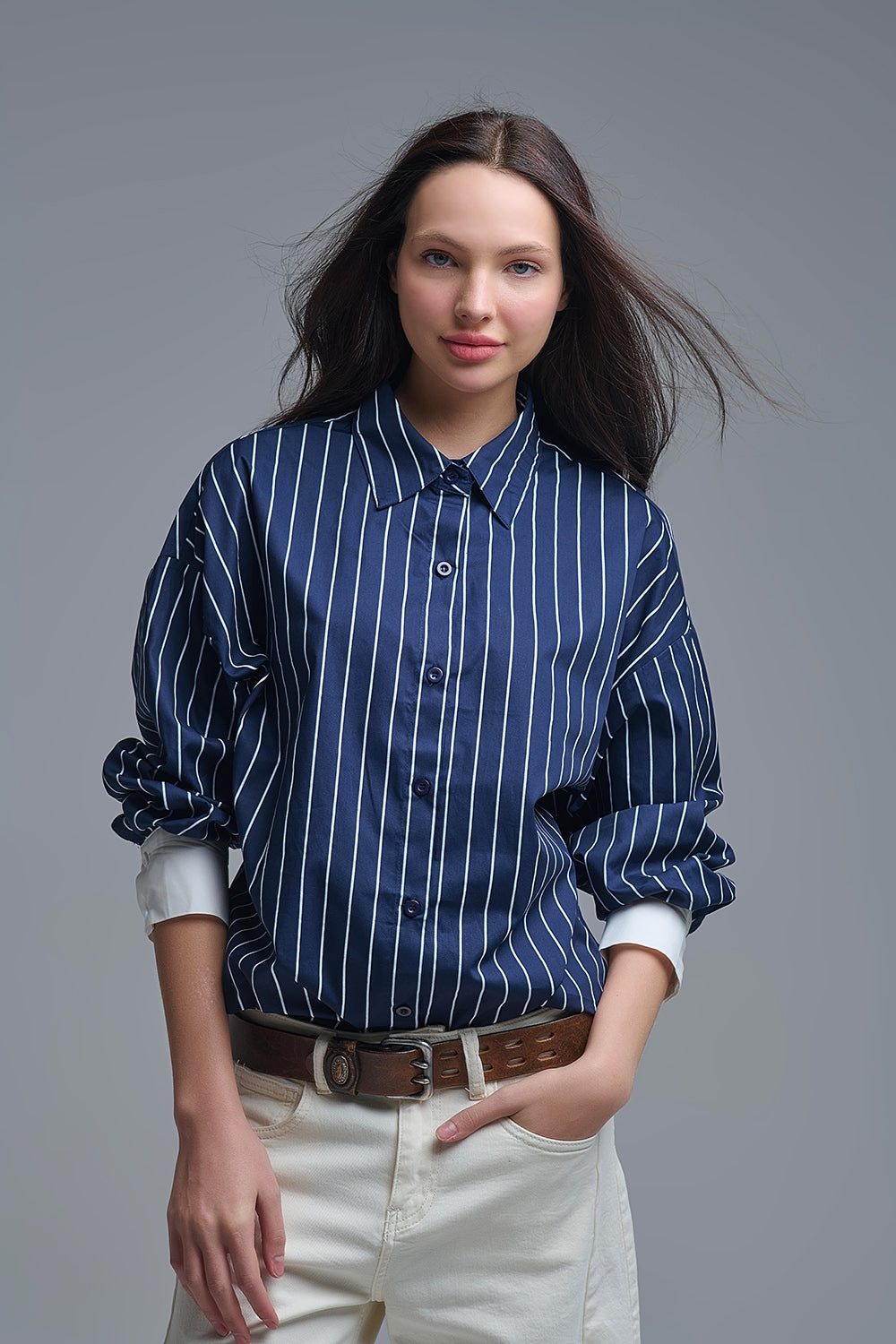 Navy Blue Striped High-Collar Shirt in soft poplin - Shirts