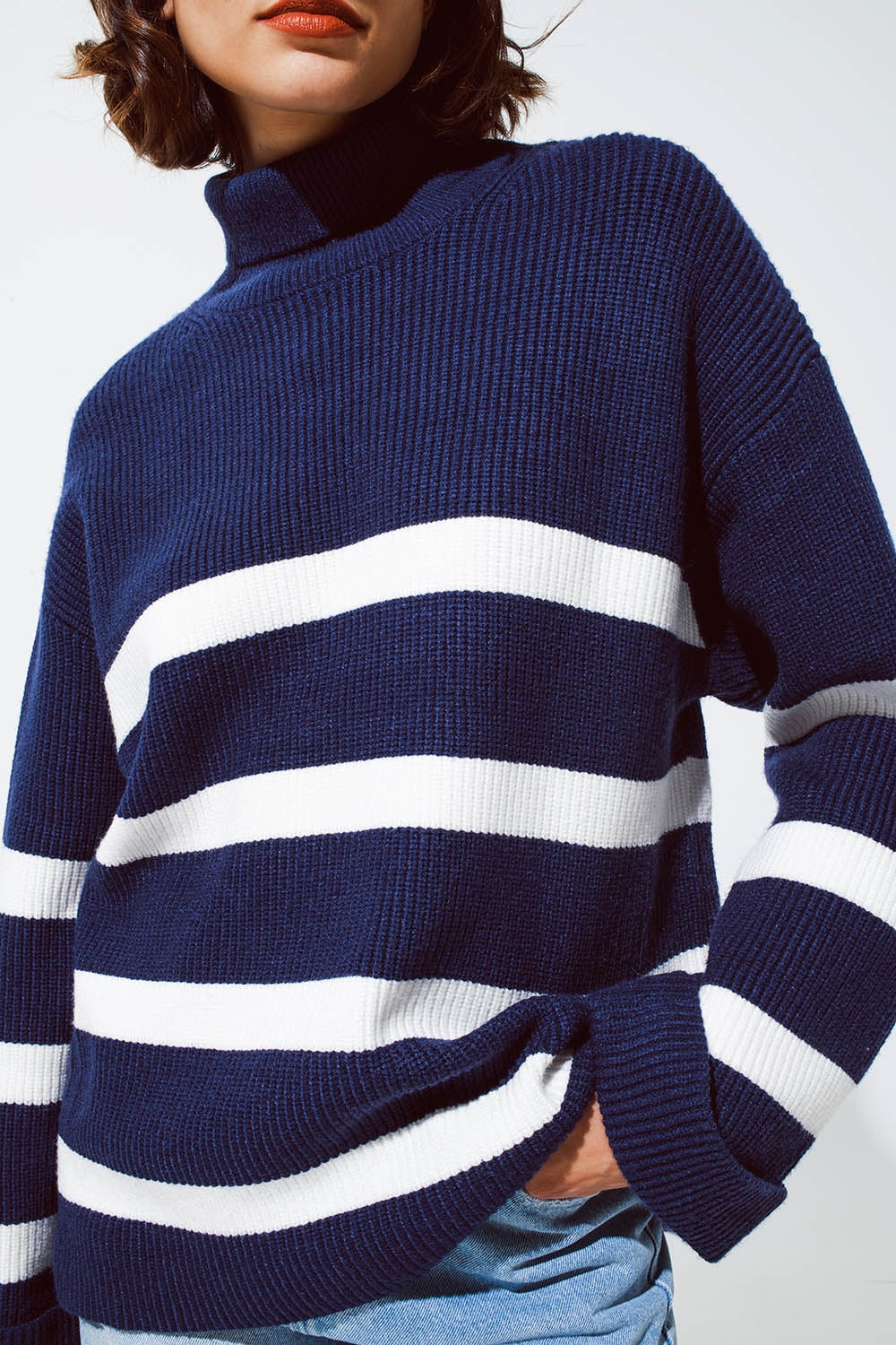 Navy blue turtle neck sweater in navy with stripes - Jumpers