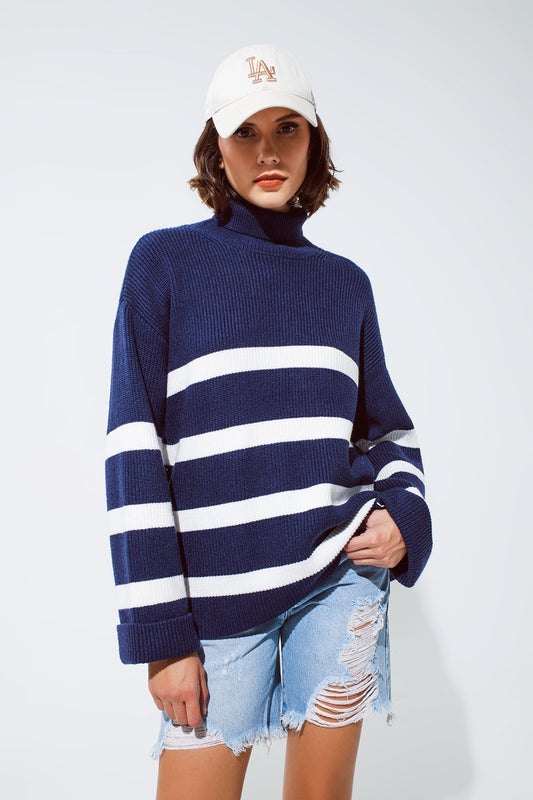 Navy blue turtle neck sweater in navy with stripes - Jumpers