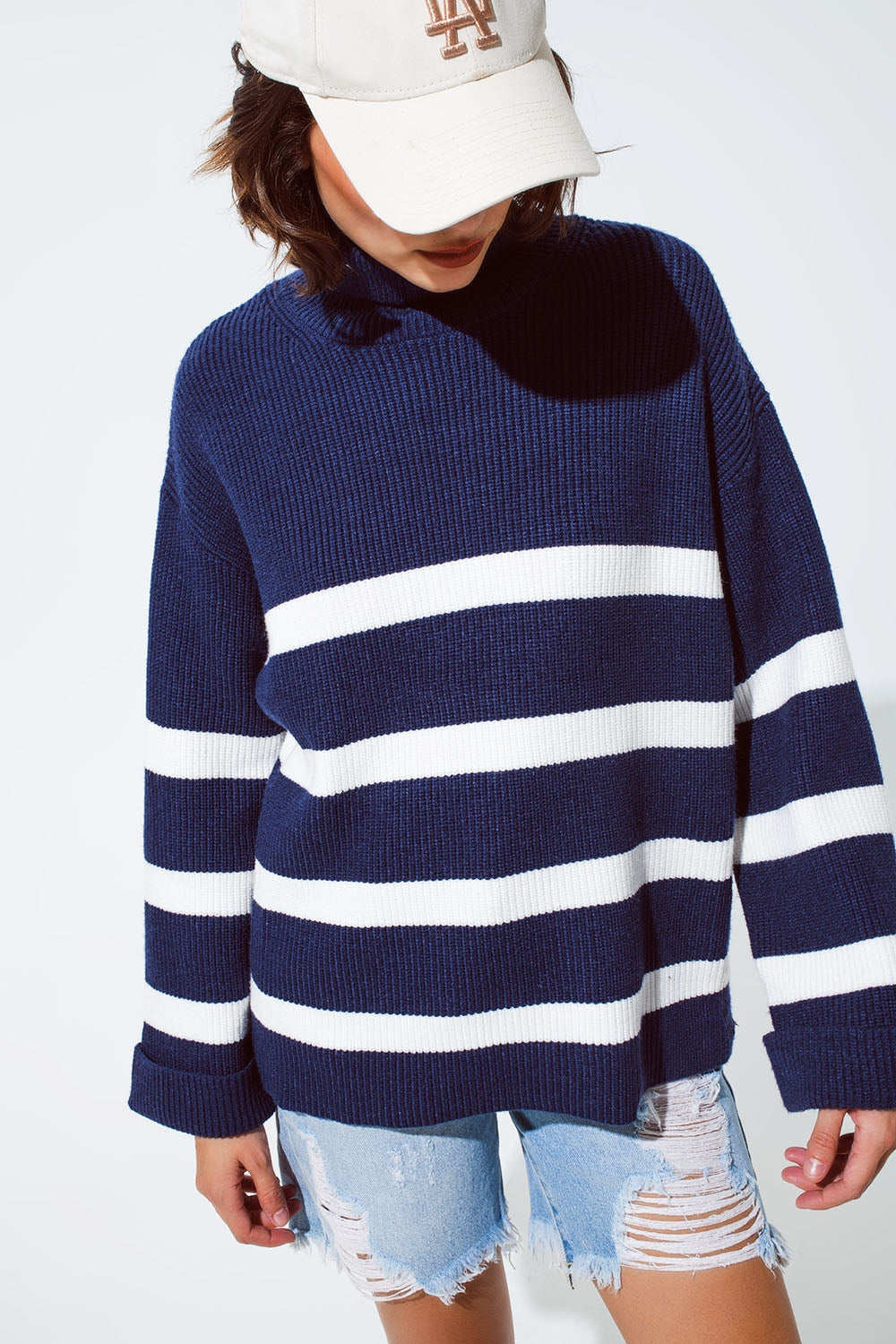Navy blue turtle neck sweater in navy with stripes - Jumpers