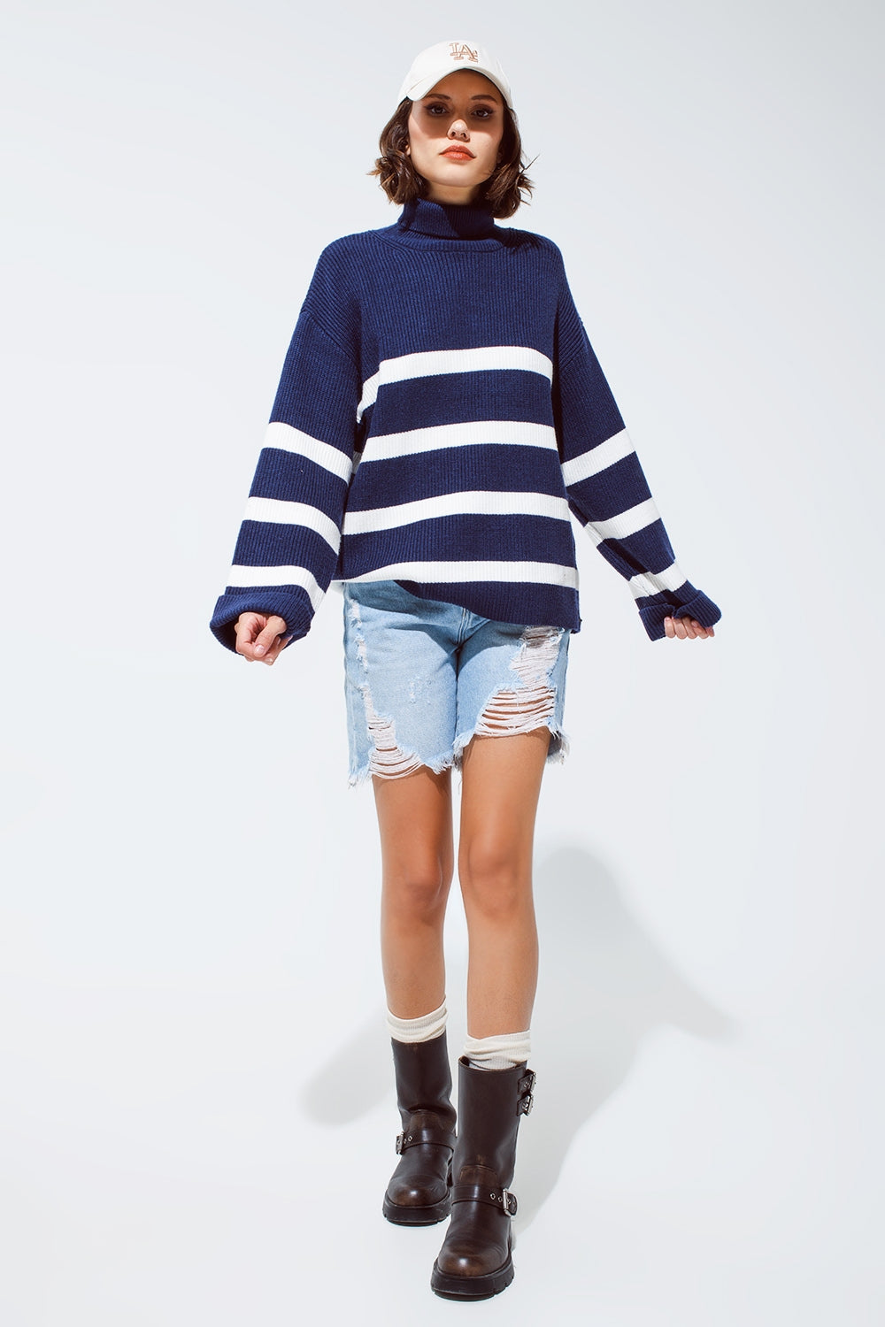 Navy blue turtle neck sweater in navy with stripes - Jumpers