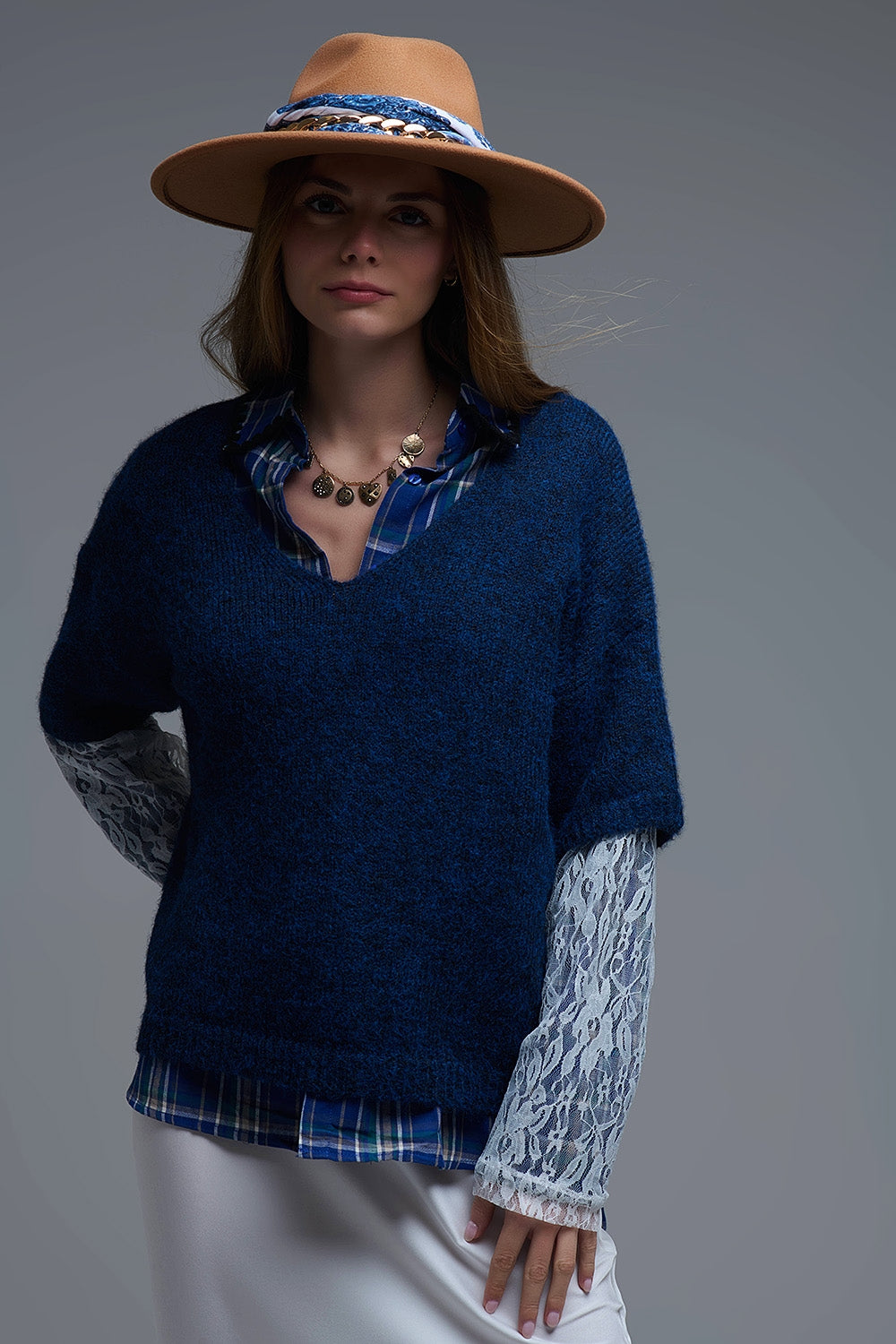 Navy Contrast V-Neck Sweater with Contrasting White lace Sleeves - Sweaters