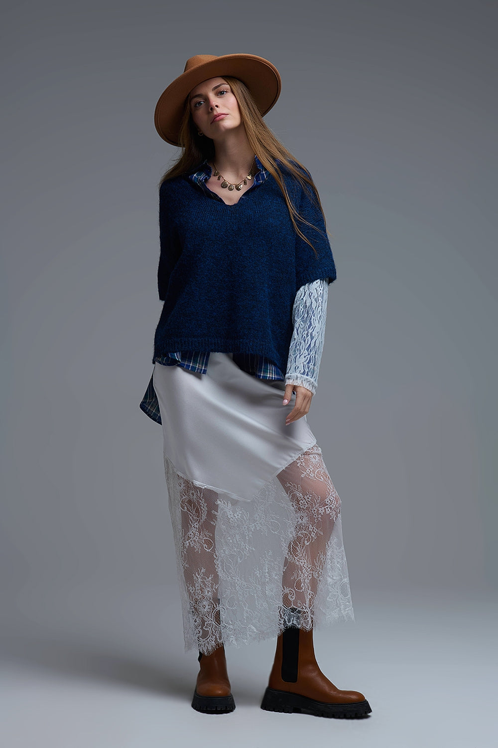 Navy Contrast V-Neck Sweater with Contrasting White lace Sleeves - Sweaters