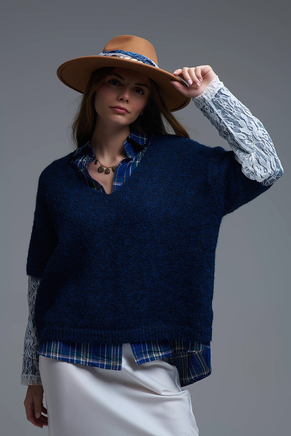 Navy Contrast V-Neck Sweater with Contrasting White lace Sleeves - Sweaters