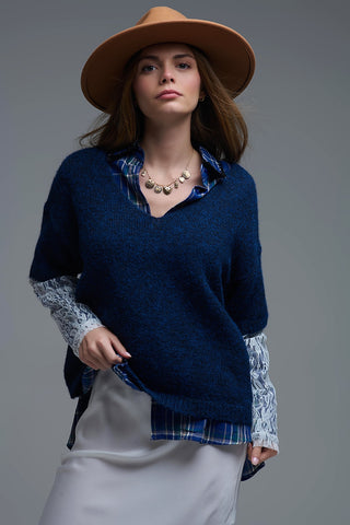Navy Contrast V-Neck Sweater with Contrasting White lace Sleeves