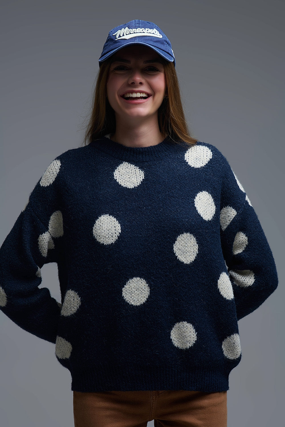 Navy Crew Neck Sweater with cream Polka Dot - Sweaters