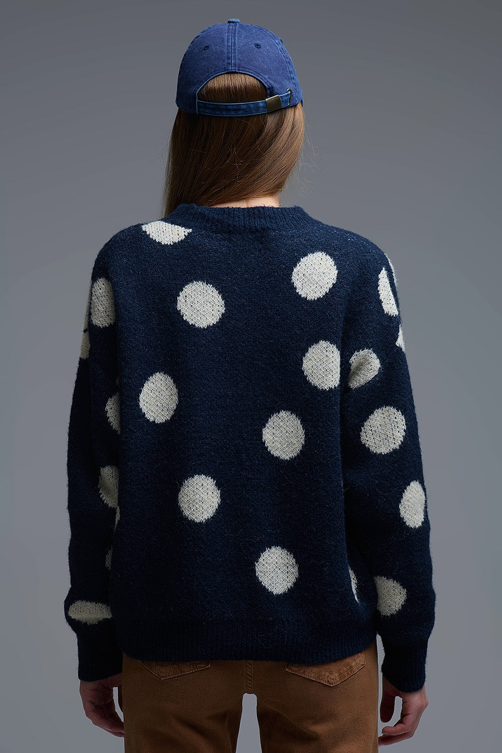 Navy Crew Neck Sweater with cream Polka Dot - Sweaters