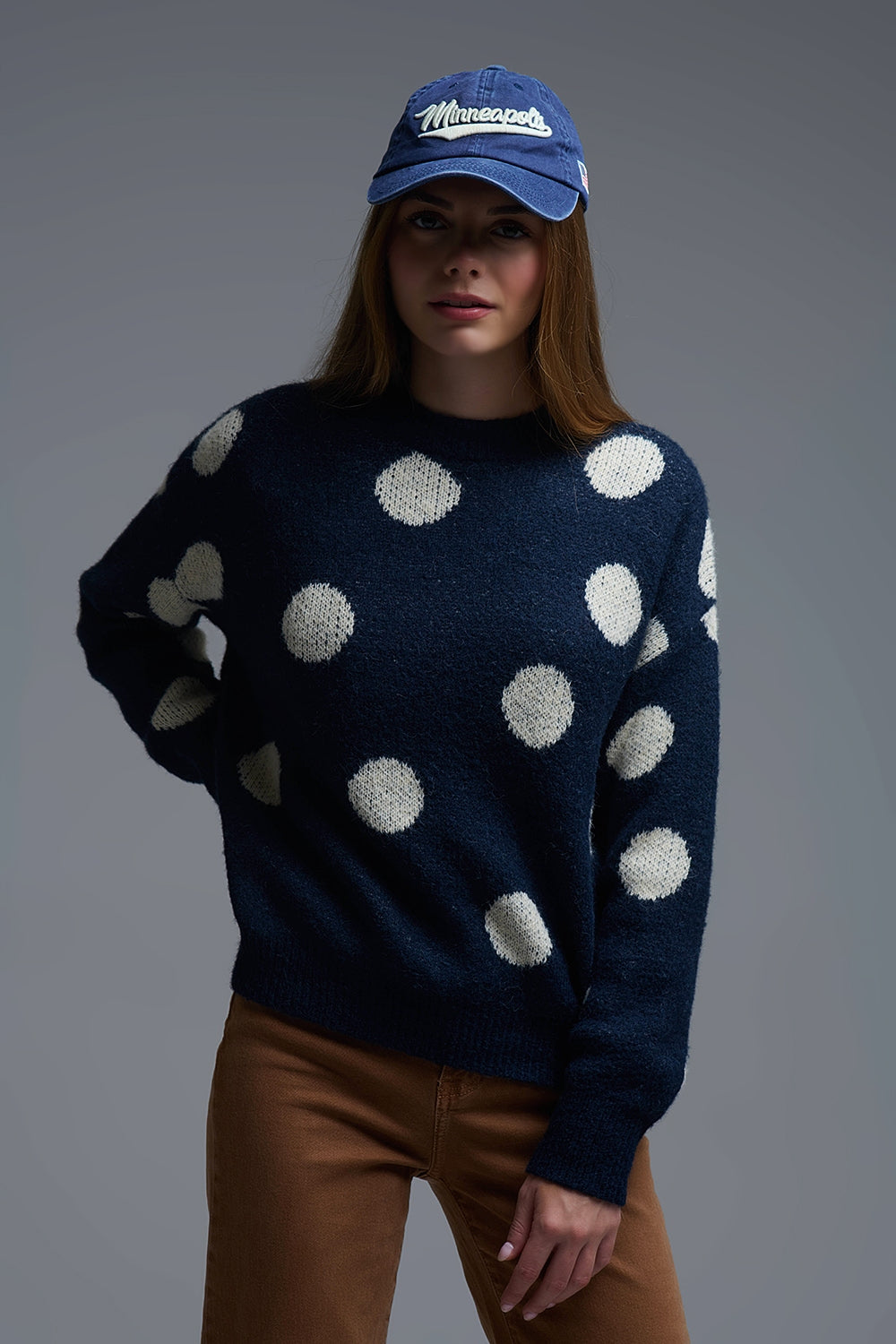Navy Crew Neck Sweater with cream Polka Dot - Sweaters