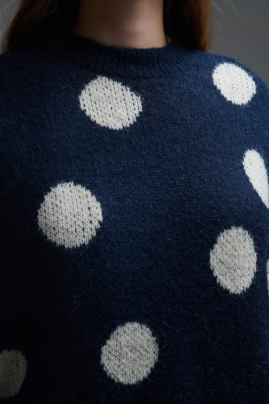 Navy Crew Neck Sweater with cream Polka Dot - Sweaters