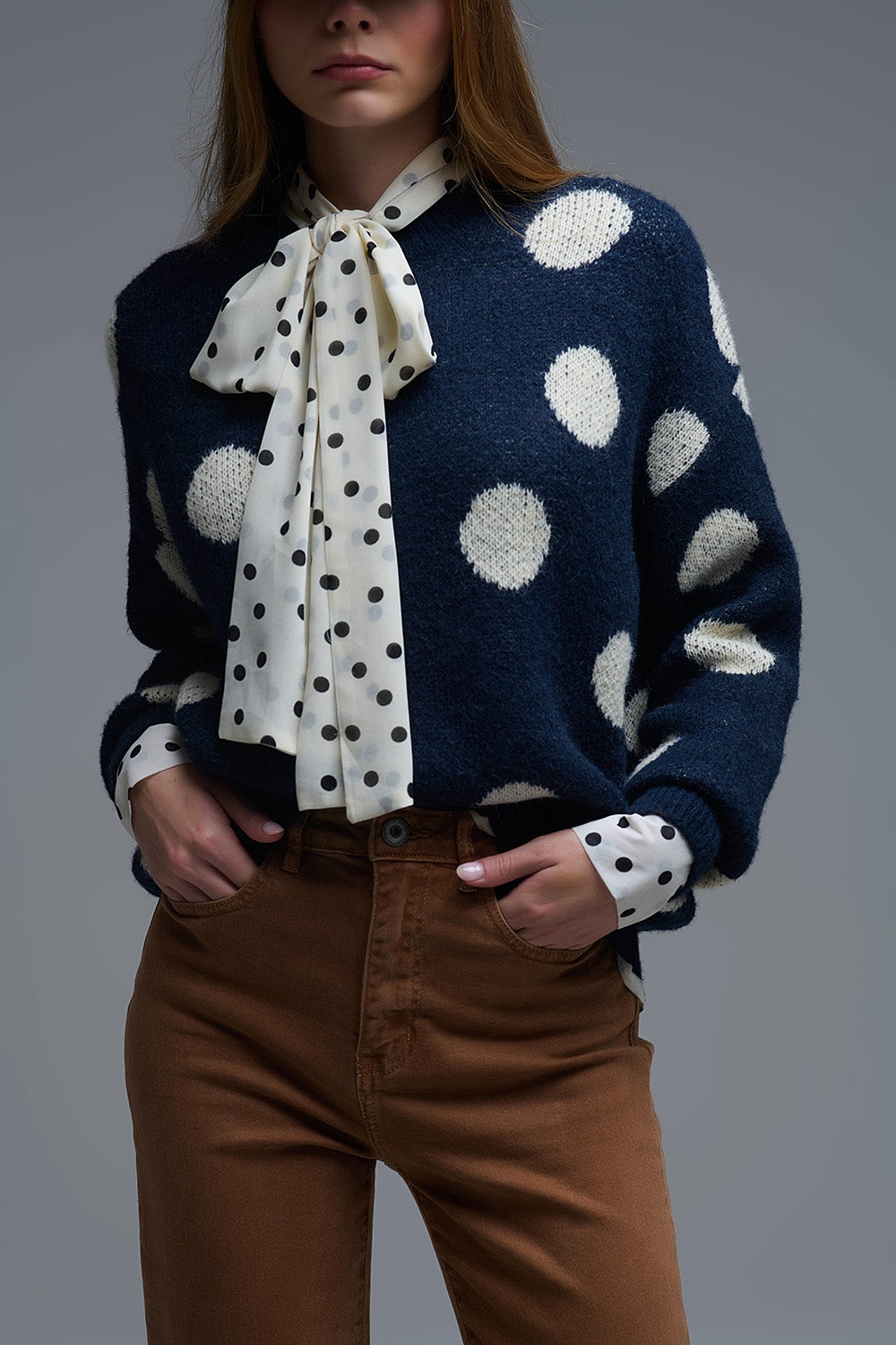 Navy Crew Neck Sweater with cream Polka Dot - Sweaters