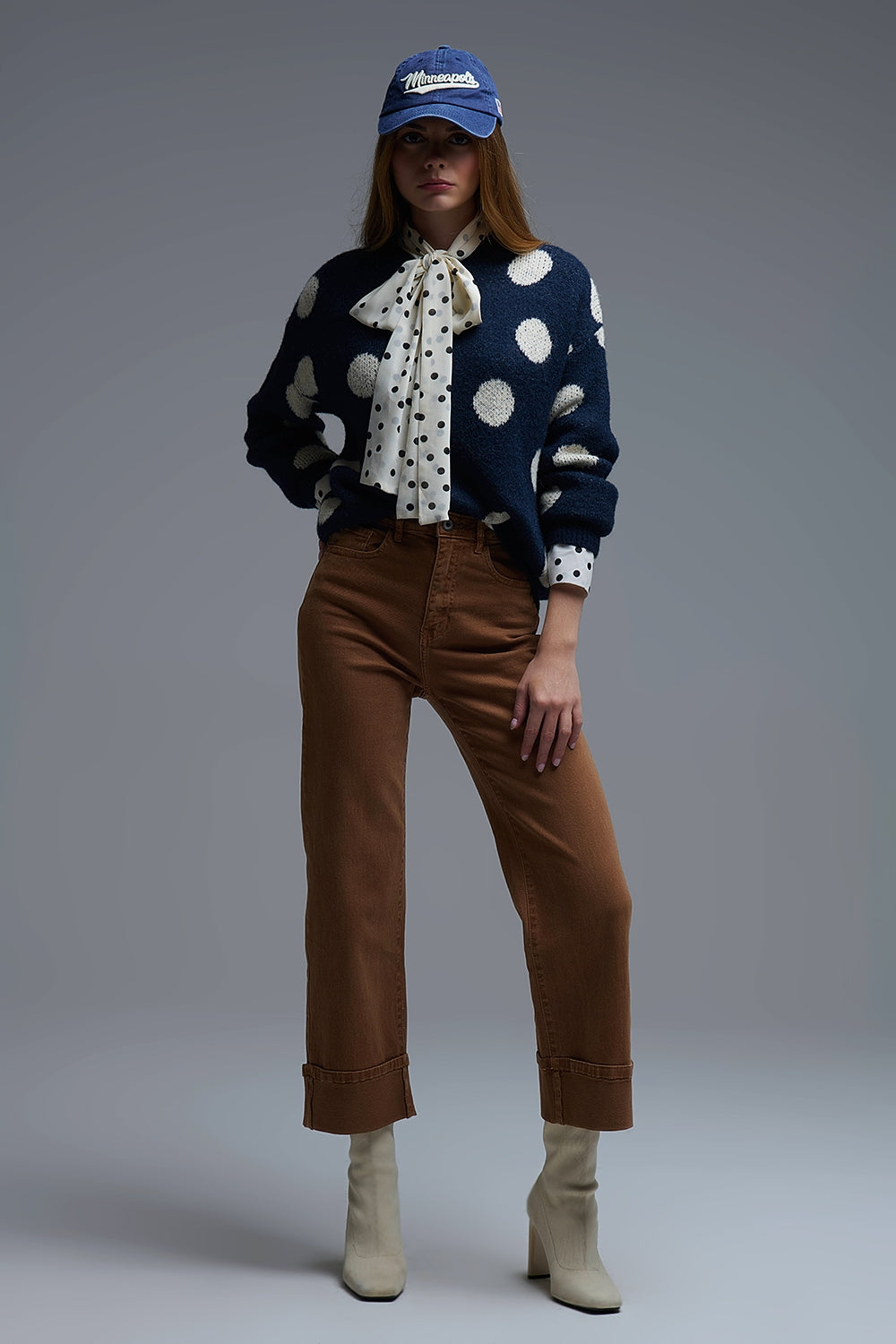 Navy Crew Neck Sweater with cream Polka Dot - Sweaters