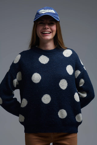 Navy Crew Neck Sweater with cream Polka Dot