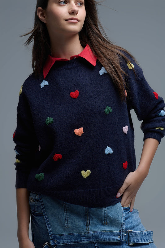 Navy Crew neck Sweater With Multicolor Embroidered Hearts - Sweaters
