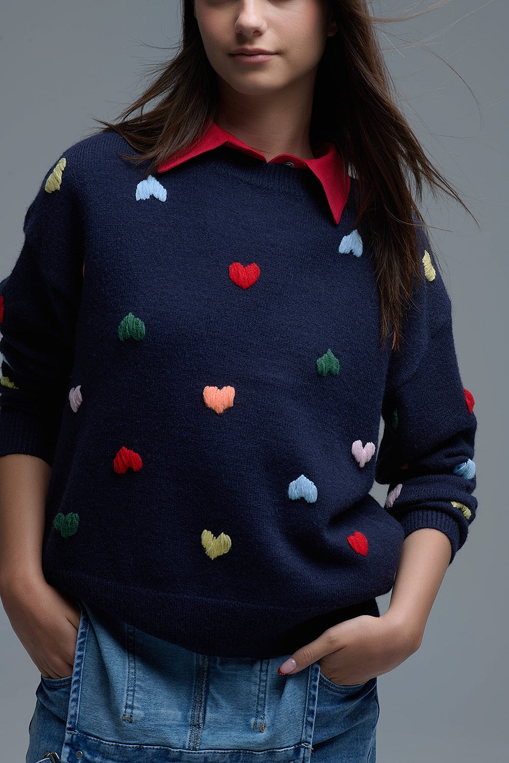 Navy Crew neck Sweater With Multicolor Embroidered Hearts - Sweaters