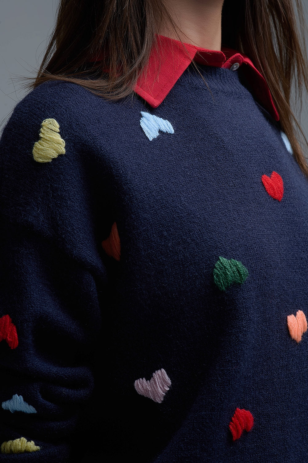 Navy Crew neck Sweater With Multicolor Embroidered Hearts - Sweaters