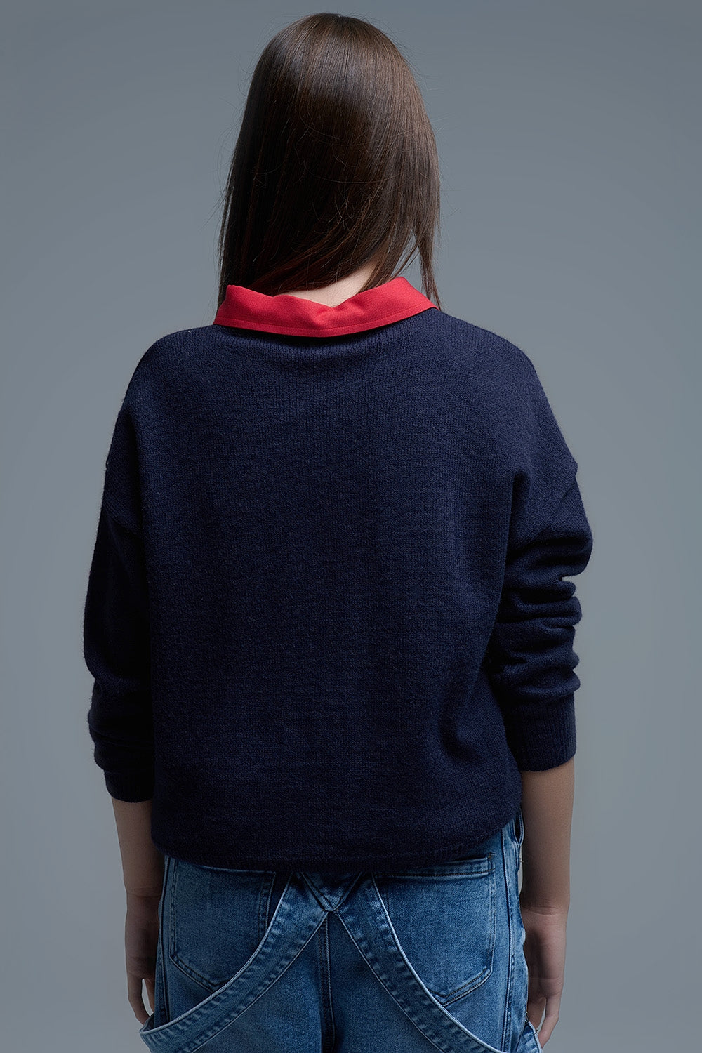 Navy Crew neck Sweater With Multicolor Embroidered Hearts - Sweaters