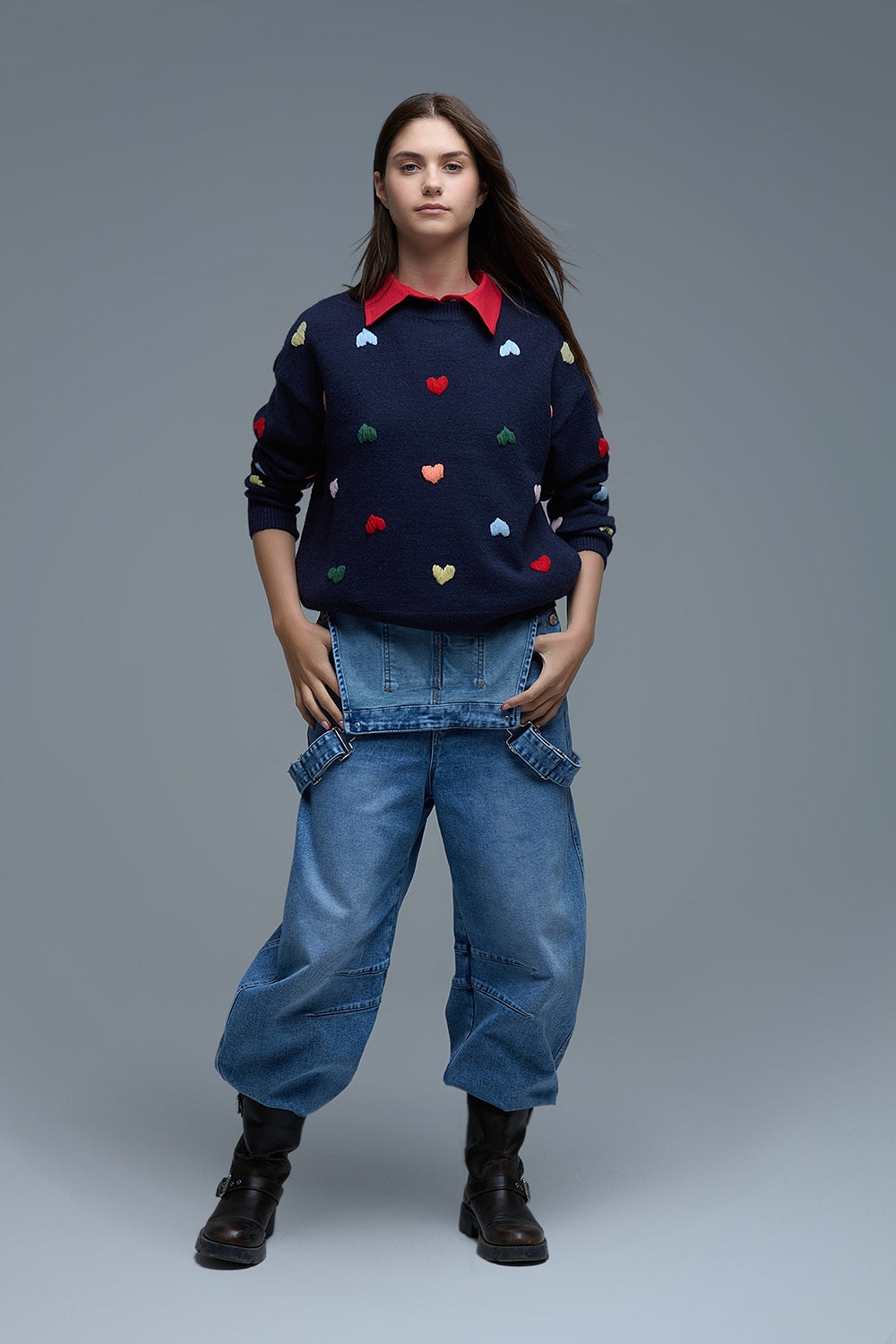 Navy Crew neck Sweater With Multicolor Embroidered Hearts - Sweaters