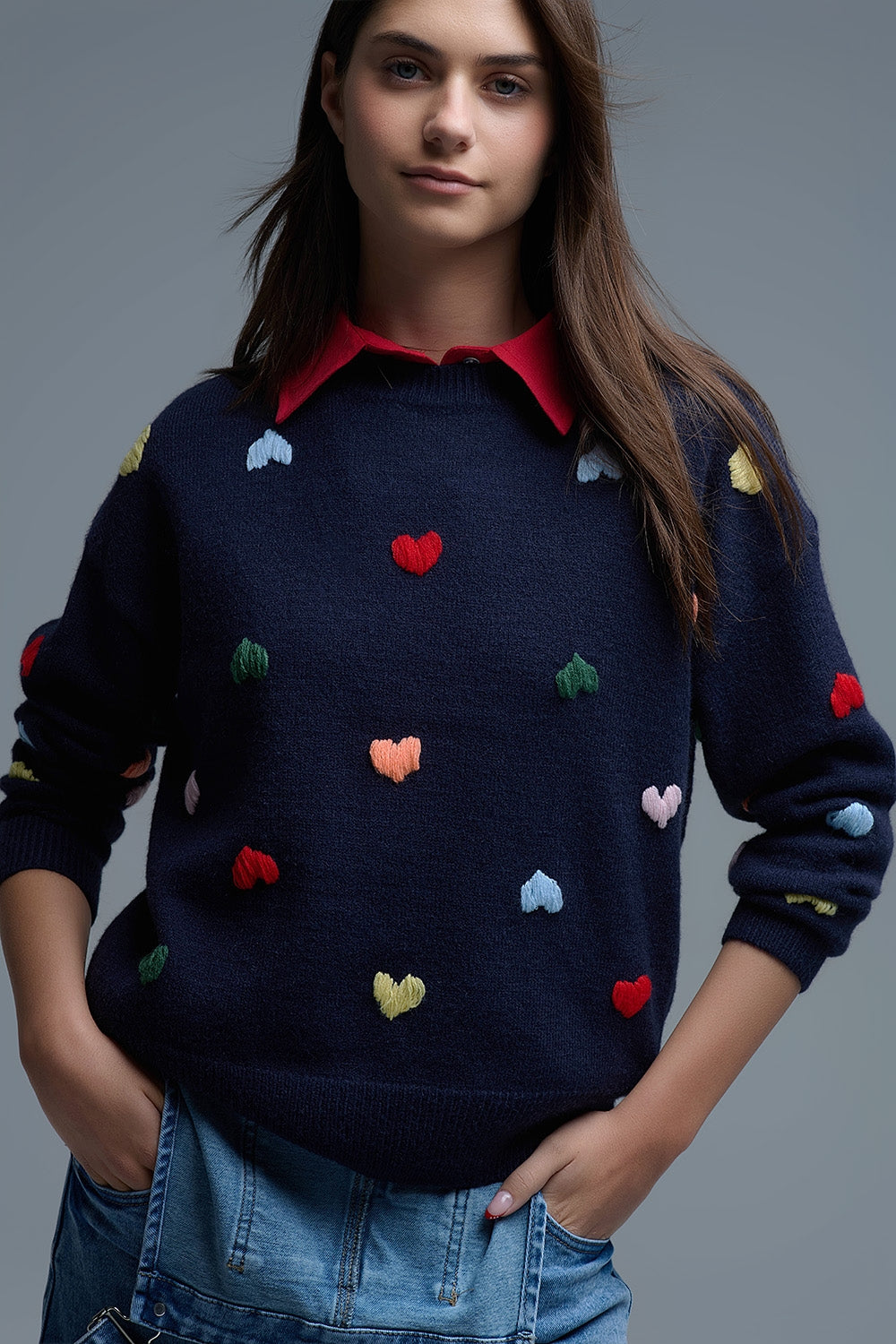 Navy Crew neck Sweater With Multicolor Embroidered Hearts - Sweaters