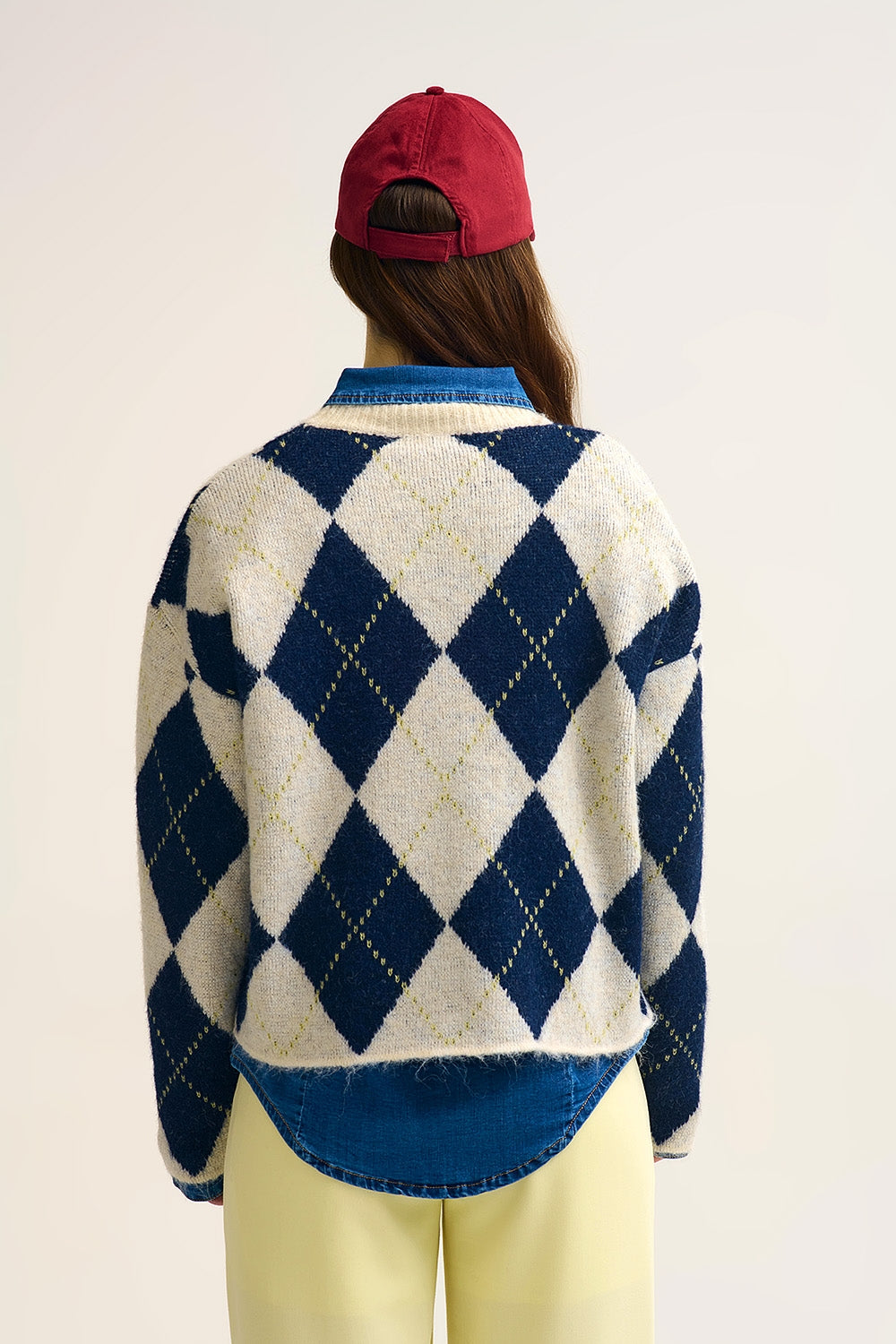 Navy diamond Chunky Knit Sweater in Contrast navy and cream - Sweaters