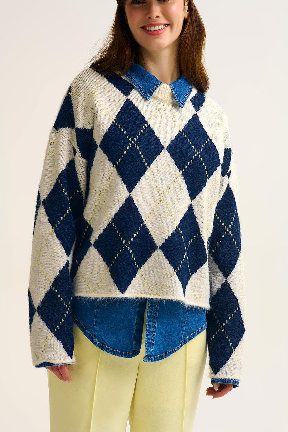 Navy diamond Chunky Knit Sweater in Contrast navy and cream - Sweaters
