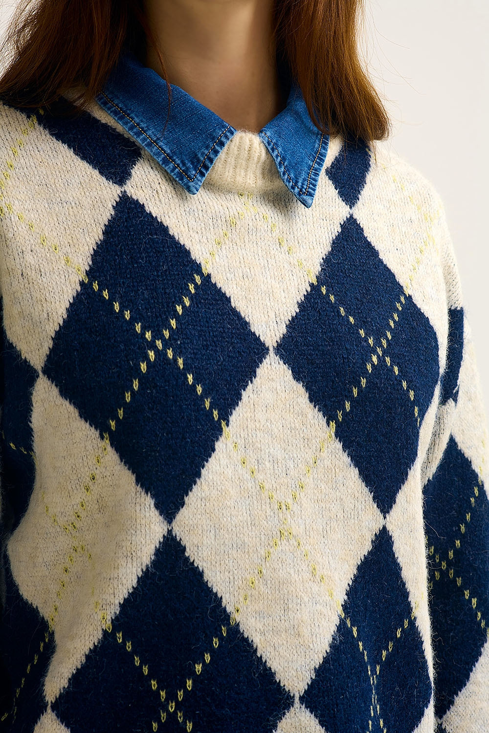 Navy diamond Chunky Knit Sweater in Contrast navy and cream - Sweaters