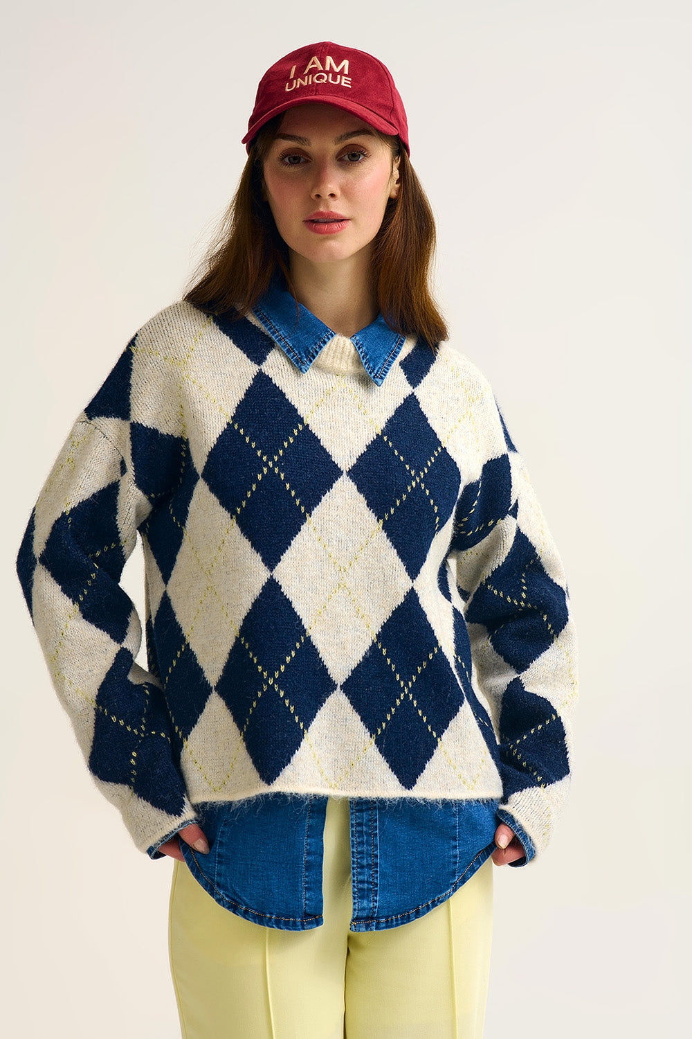 Navy diamond Chunky Knit Sweater in Contrast navy and cream - Sweaters