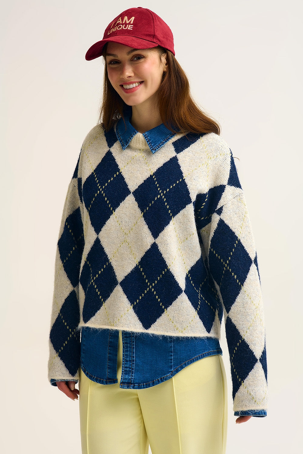 Navy diamond Chunky Knit Sweater in Contrast navy and cream - Sweaters