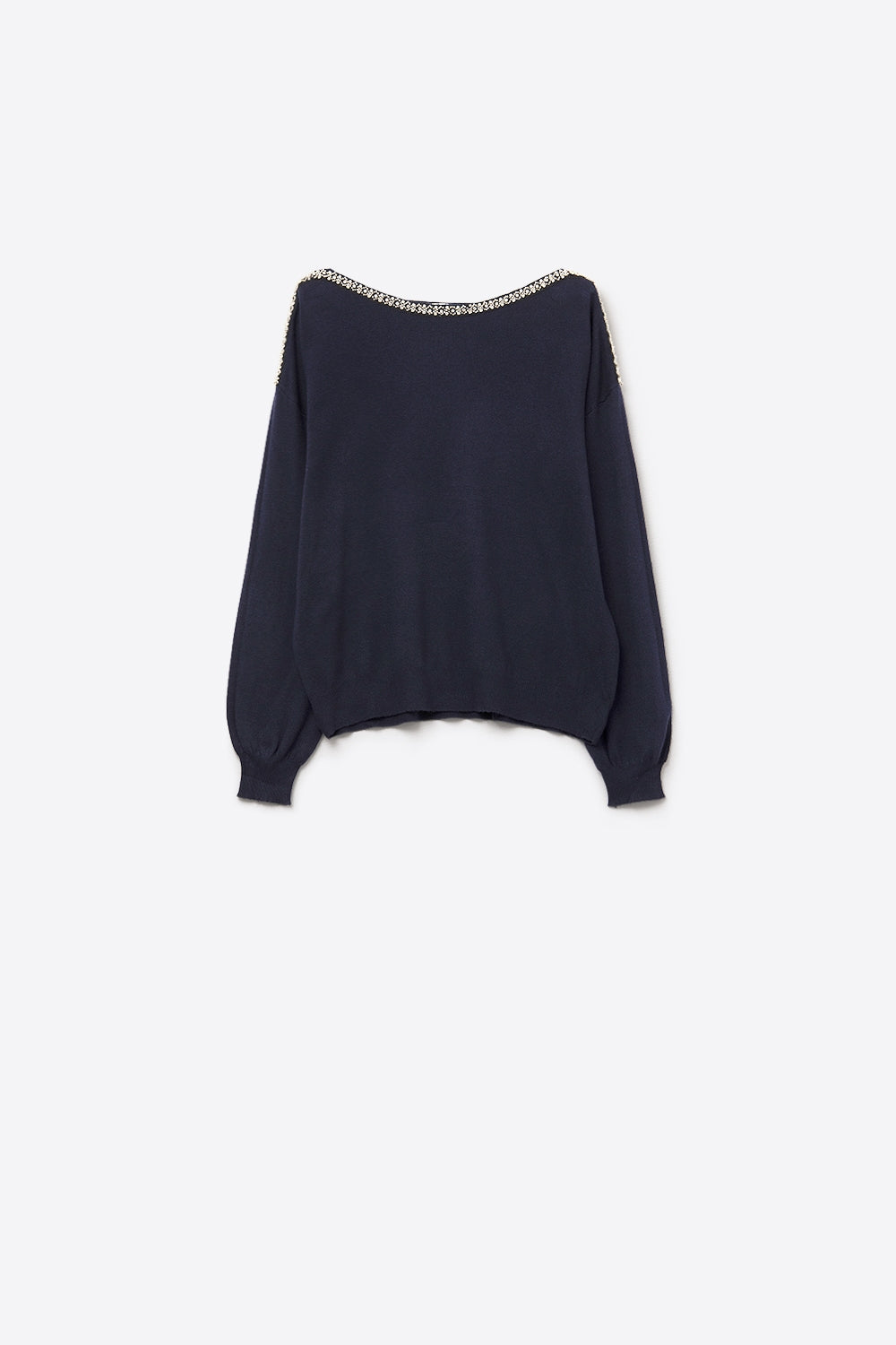 navy fine knit sweater with a boat neck and rhinestone detail -