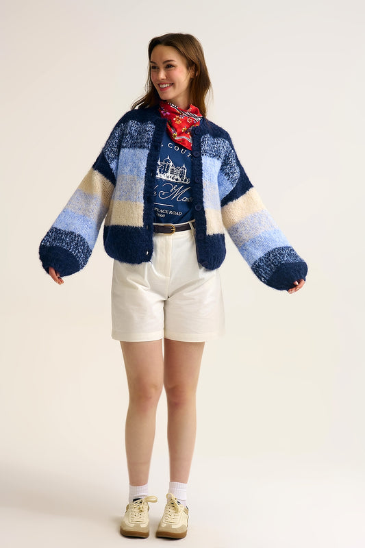 Navy Gradient Chunky Knit Cardigan with Soft Texture and Button Front - Sweaters