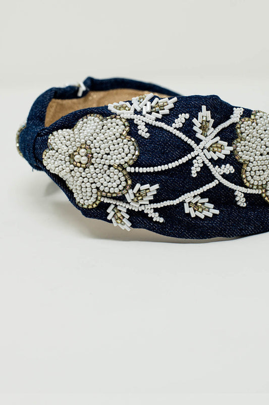 Navy Headband With Big Embroidered Flowers in White - Headbands