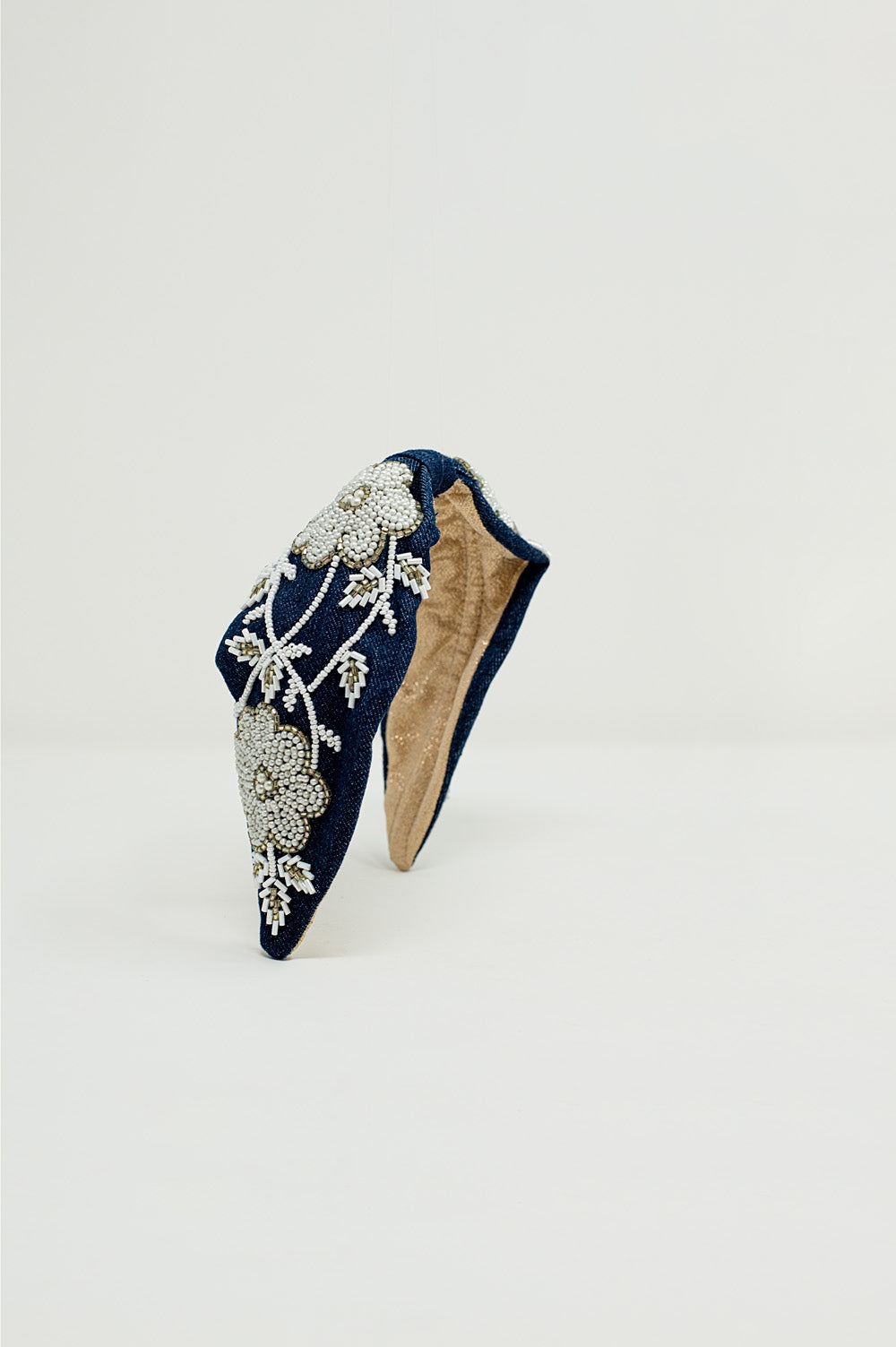 Navy Headband With Big Embroidered Flowers in White - Headbands