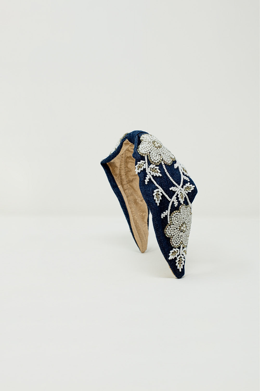Navy Headband With Big Embroidered Flowers in White - Headbands