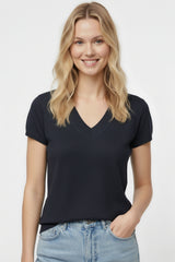 Navy lightweight knit V-neck sweater with short sleeves