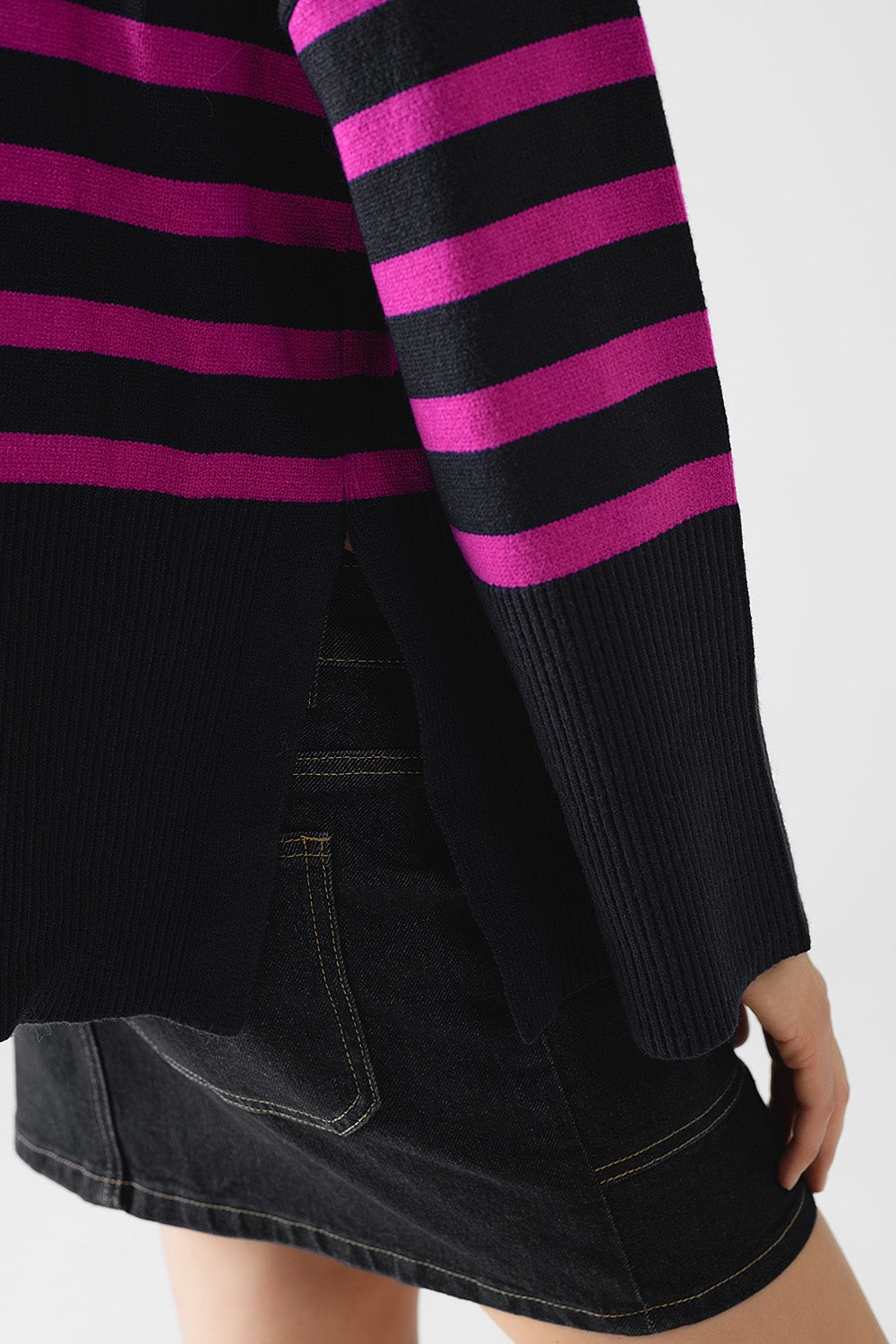 Navy oversized trutleneck sweater with fuchsia stripes and splits on the side - Jumpers