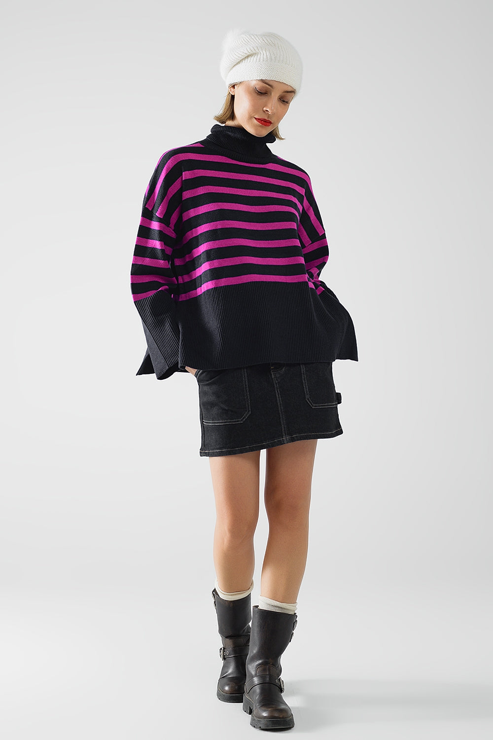 Navy oversized trutleneck sweater with fuchsia stripes and splits on the side - Jumpers