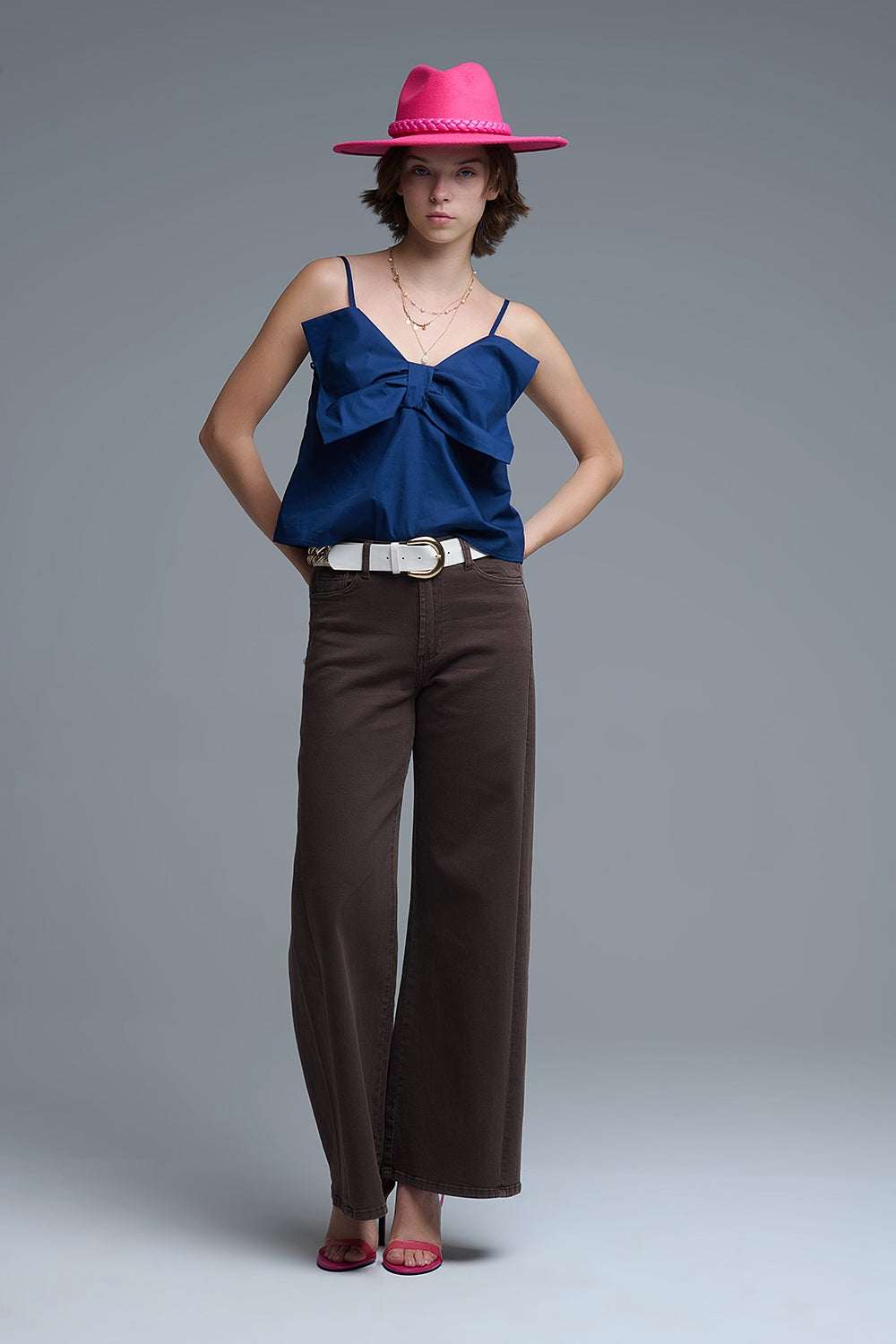 Navy poplin crop top with bow detail - Tops
