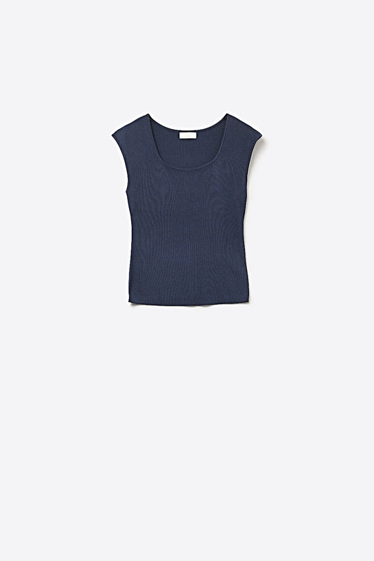 Navy Ribbed Sleeveless Knit Top for Layering -