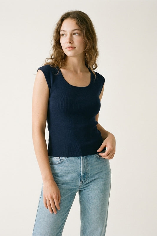 Navy Ribbed Sleeveless Knit Top for Layering -