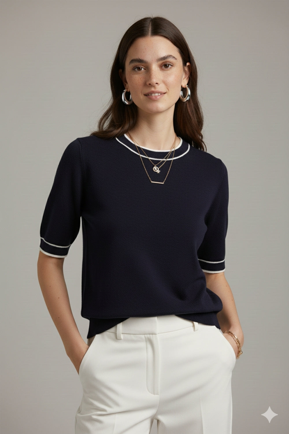 Navy short sleeve sweater with white line detail -