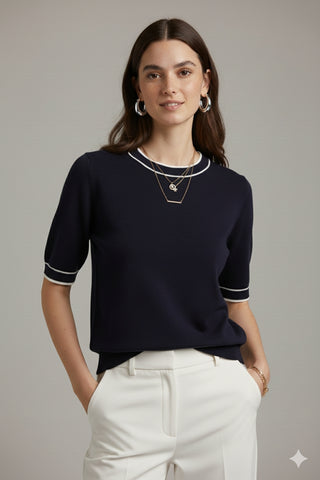 Navy short sleeve sweater with white line detail