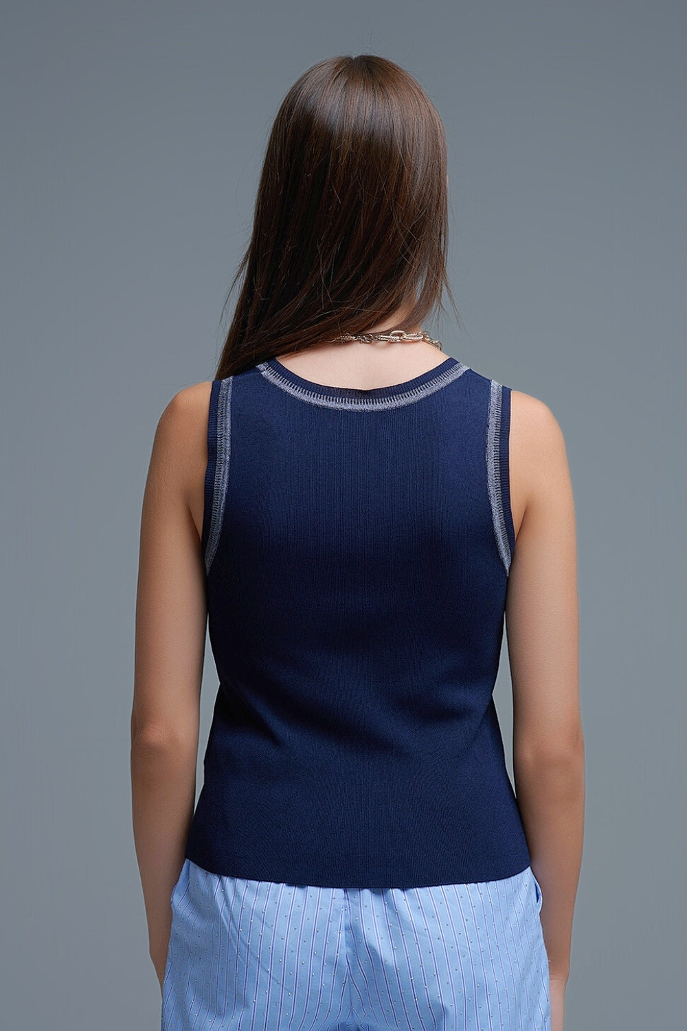 Navy Sleeveless Knit Top with Metallic Trim - Tops