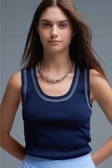 Navy Sleeveless Knit Top with Metallic Trim