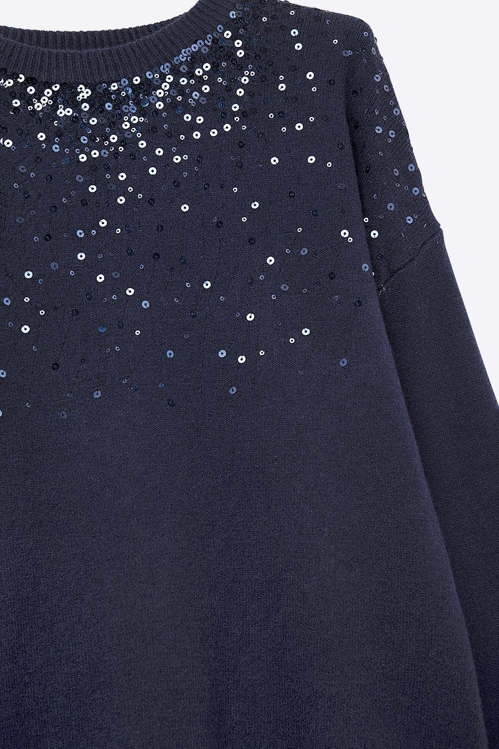 Navy soft knit sweater embellished with sequins on the front -