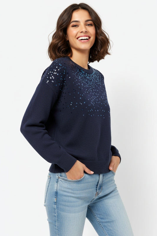 Navy soft knit sweater embellished with sequins on the front -