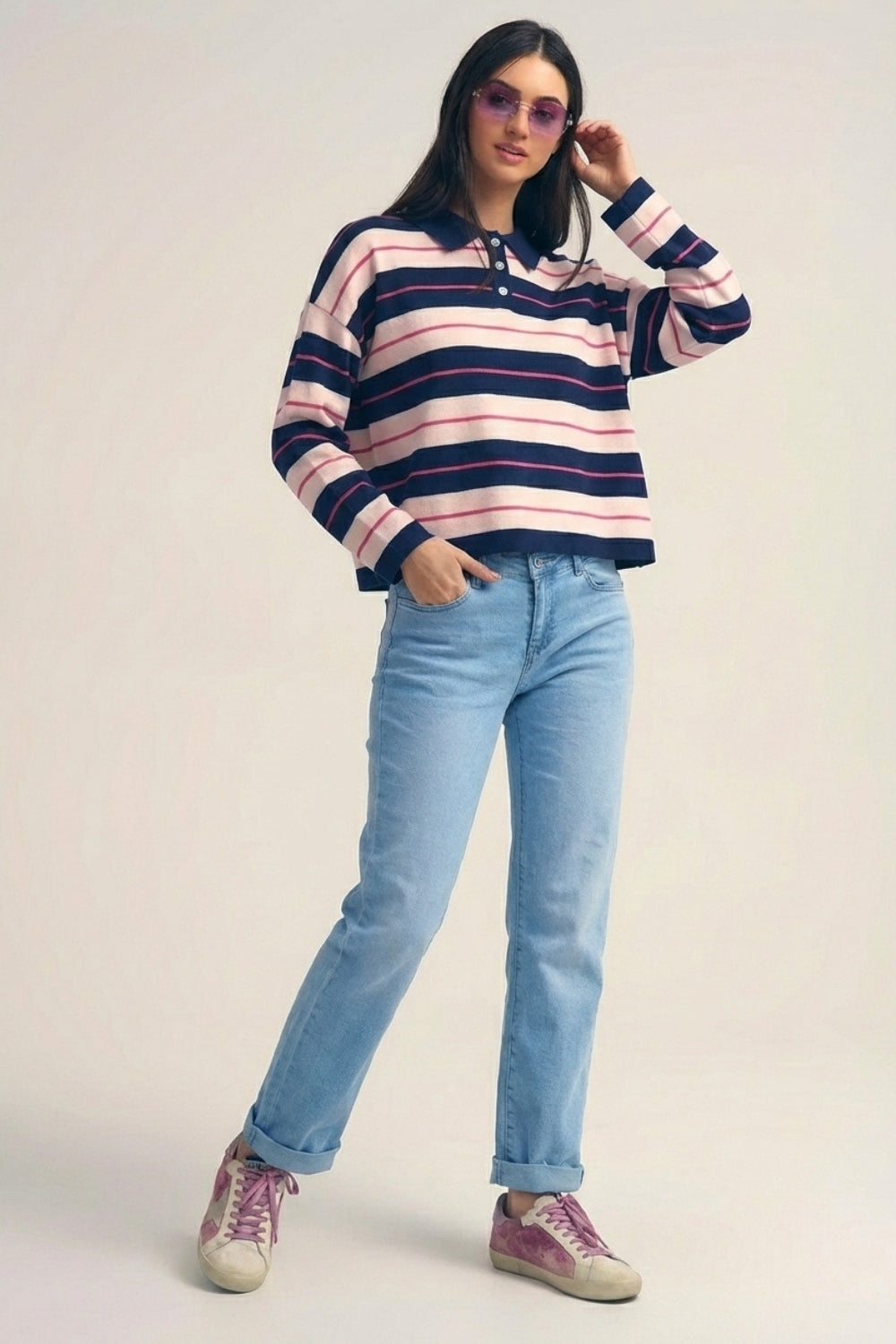 Navy Striped Knit Polo Sweater with Buttoned Collar - Sweaters