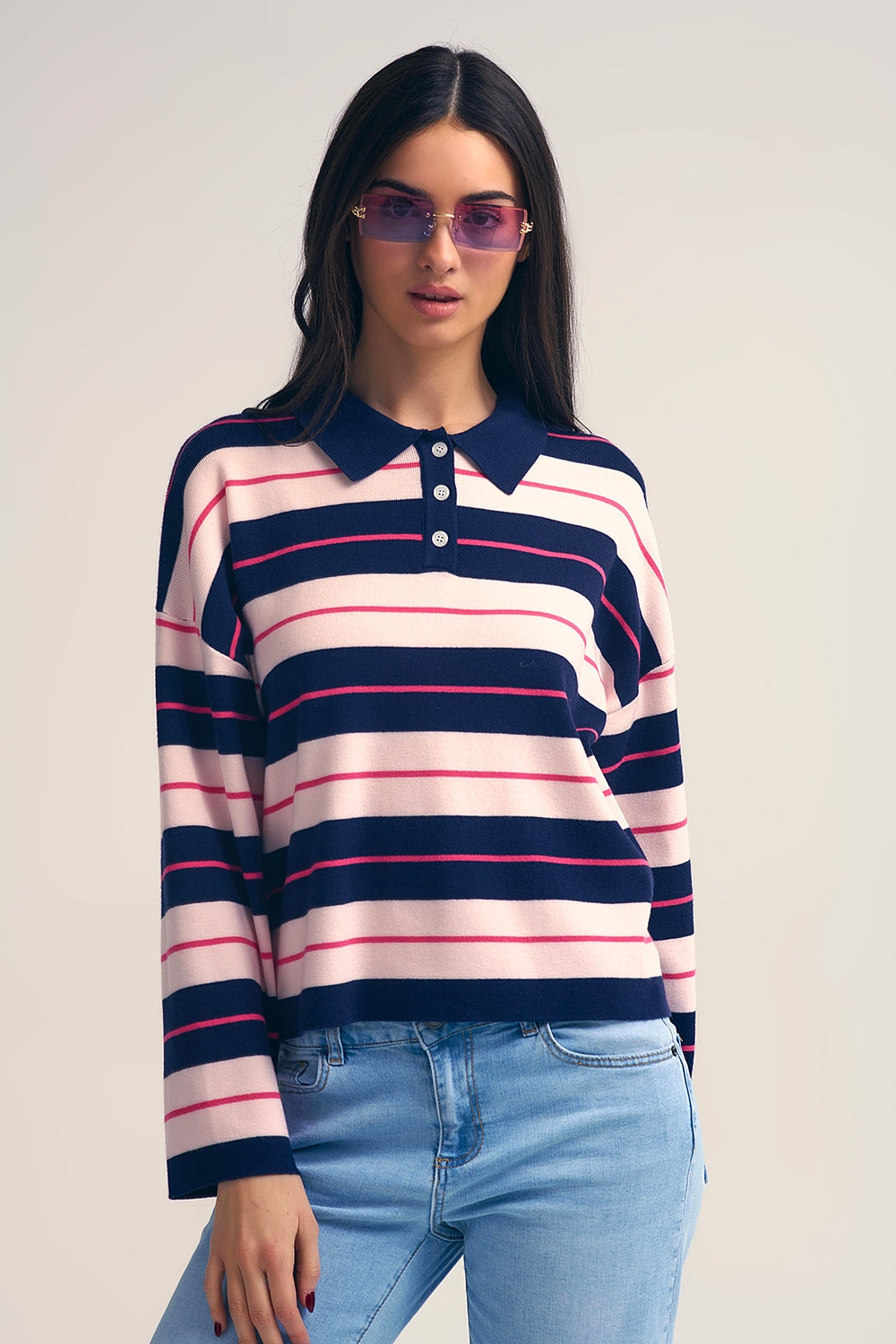Navy Striped Knit Polo Sweater with Buttoned Collar - Sweaters
