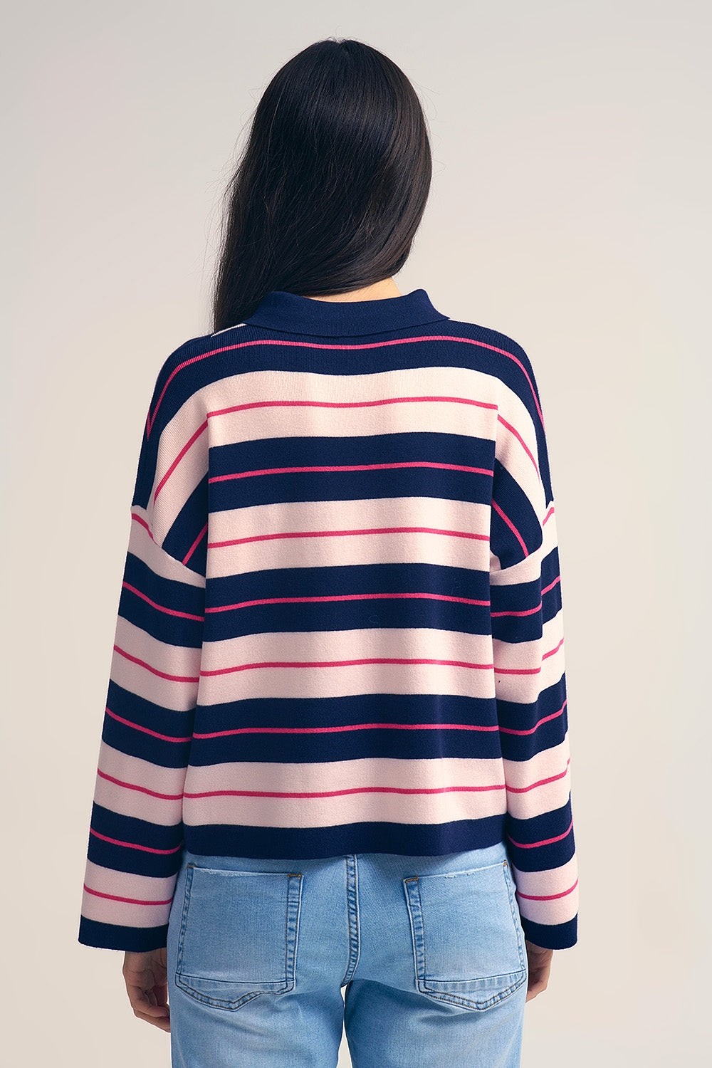 Navy Striped Knit Polo Sweater with Buttoned Collar - Sweaters