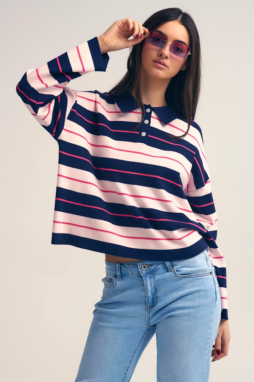 Navy Striped Knit Polo Sweater with Buttoned Collar - Sweaters